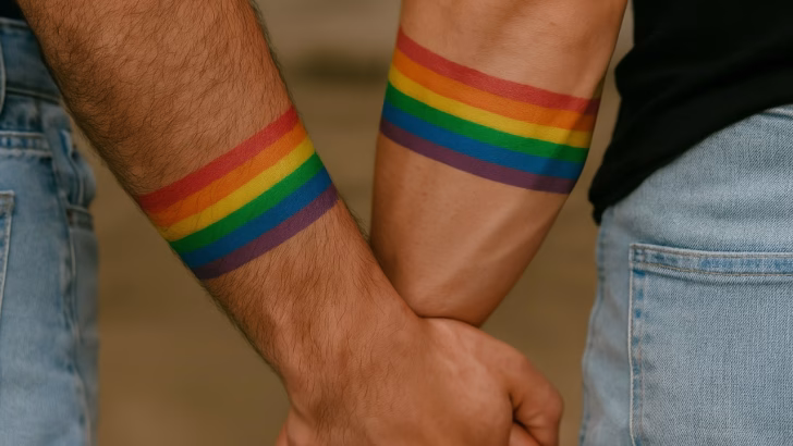 Una coppia di ragazzi mano nella mano con un tatuaggio arcobaleno sul loro avambraccio