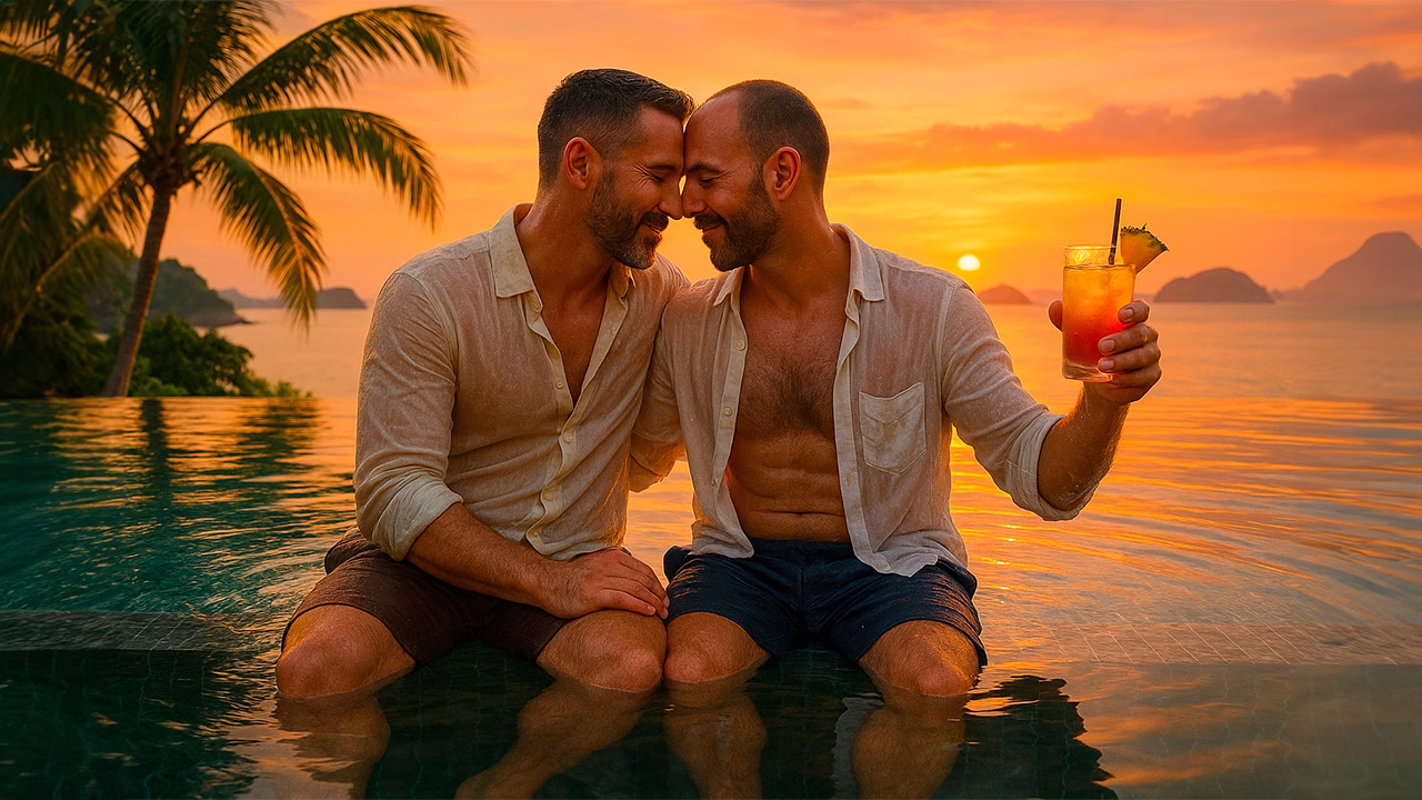 Coppia felice seduta in una piscina infinity a Lamai Beach a Koh Samui al tramonto brindando con un cocktail vista mare con palme e isole sullo sfondo atmosfera romantica