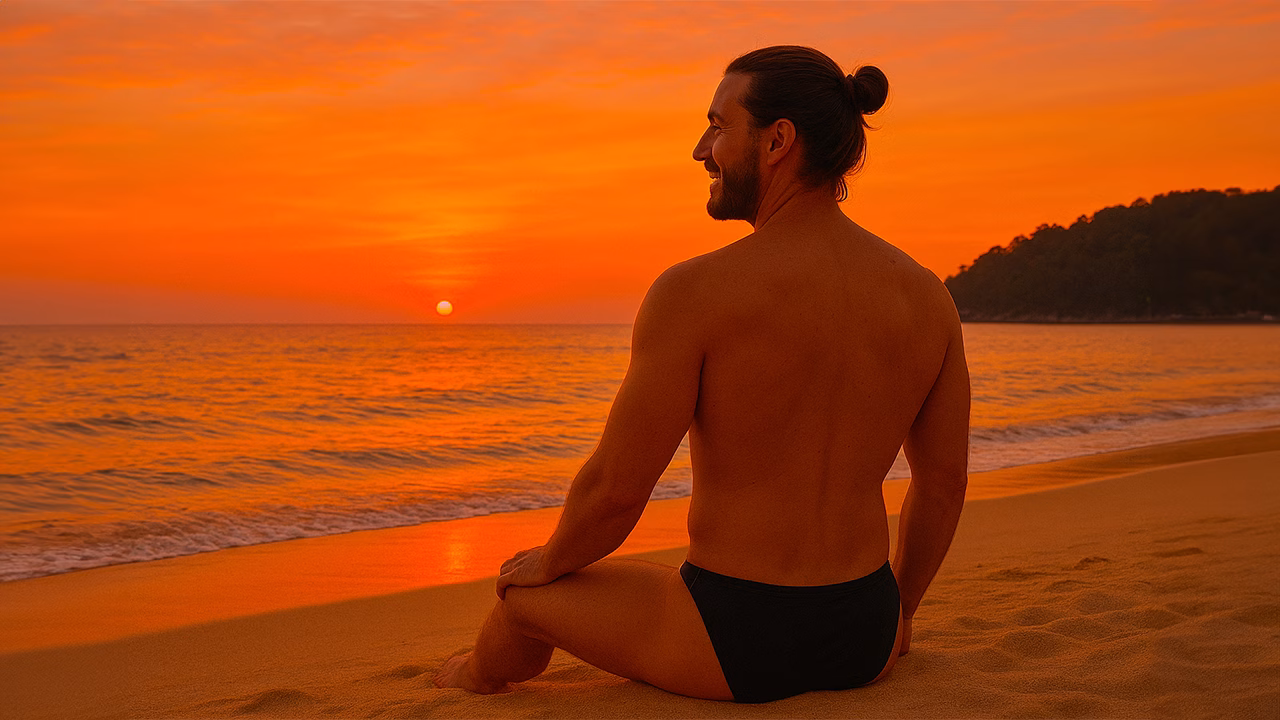 Uomo seduto sulla spiaggia di Khao Lak Thailandia al tramonto mentre osserva il sole scendere sull&rsquo;oceano atmosfera rilassante con cielo arancione intenso e riflessi dorati sulla sabbia.