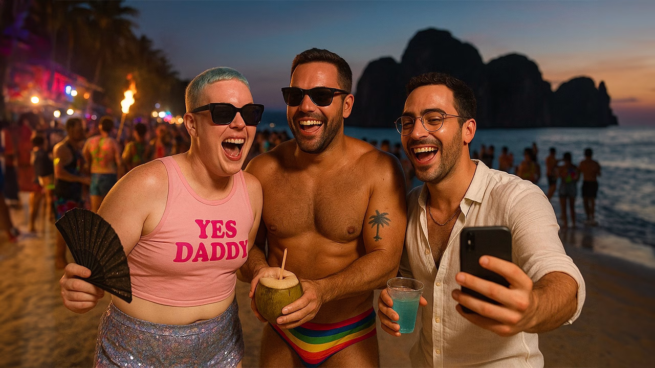 Amici che si divertono ad una festa in spiaggia a Koh Phi Phi Don in Thailandia ridendo e scattando selfie sulla spiaggia di notte con drink in mano luci colorate e folla festante sullo sfondo