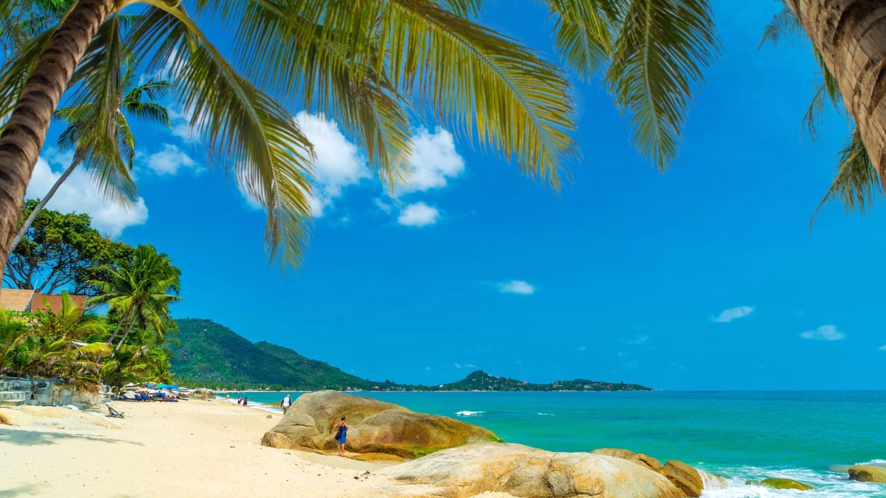 Spiaggia di Chaweng a Koh Samui in Thailandia con sabbia dorata palme onde leggere e rocce sceniche mare turchese e cielo azzurro perfetto per una vacanza tropicale