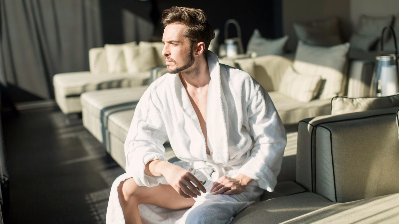 Un uomo con barba ben curata e capelli pettinati all&rsquo;indietro indossa un accappatoio bianco e siede su una chaise longue in una spa gay di Milano. La luce naturale illumina il suo viso mentre guarda pensieroso fuori dalla finestra. Lo sfondo presenta divani con cuscini chiari, creando un&rsquo;atmosfera di lusso e relax.