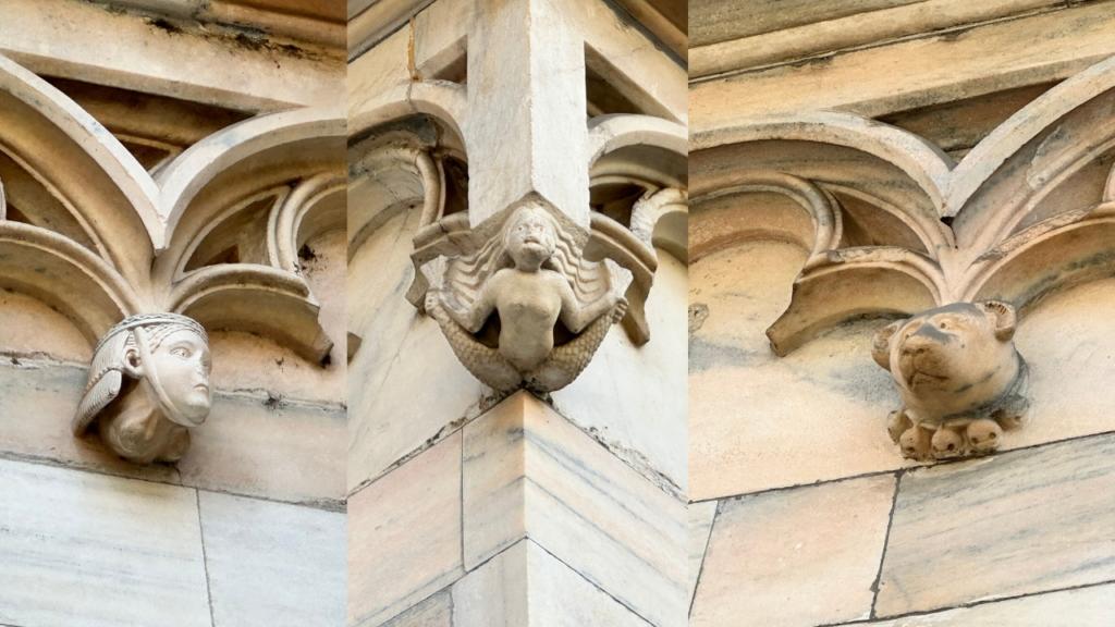 Sculture enigmatiche sulla parete esterna del Duomo di Milano, raffiguranti la sfinge, una sirena e un orso. Questi dettagli scolpiti, situati sul retro della cattedrale, aggiungono un tocco di mistero e creativit&agrave; all&rsquo;architettura gotica del monumento.