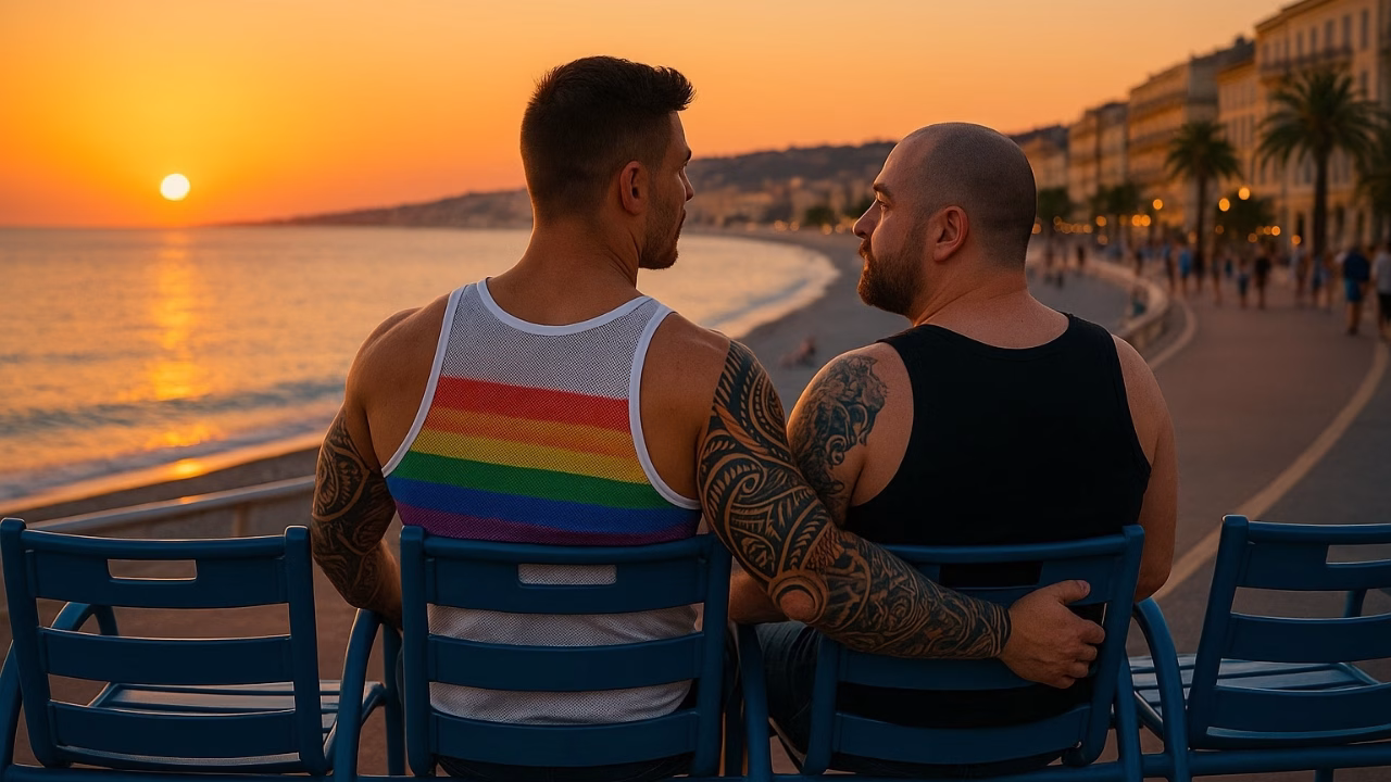Una coppia gay al tramonto su Promenade des Anglais a Nizza, in un momento intimo e romantico che mostra al meglio quanto Nizza sia LGBTQ+ friendly