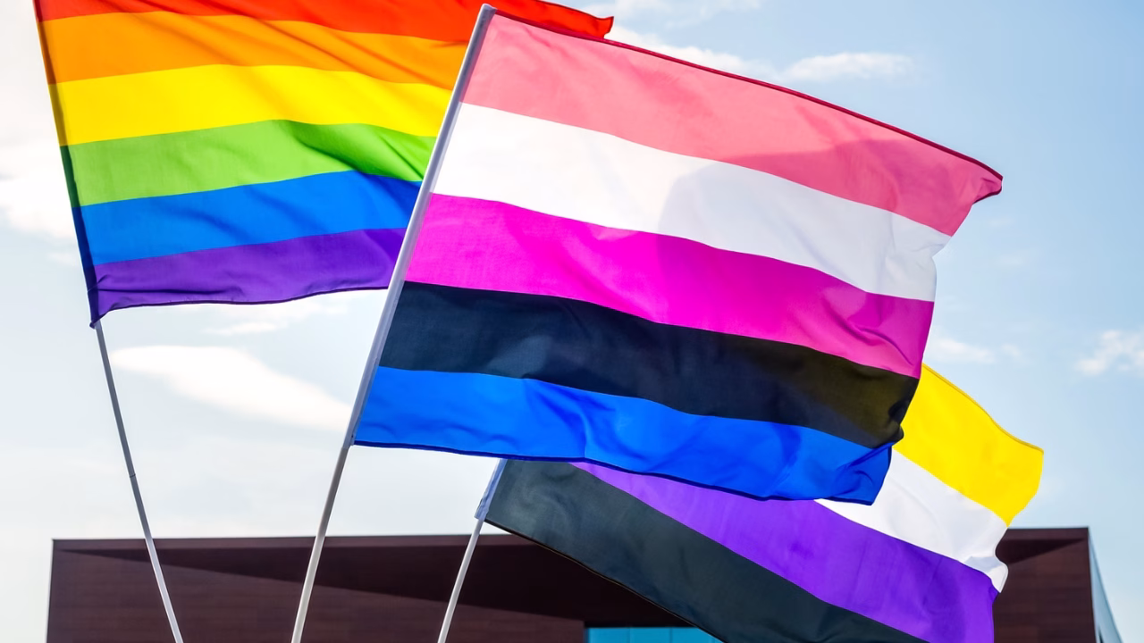 Bandiere LGBTQ+ sventolano al vento durante un evento Pride. In primo piano la bandiera genderfluid con strisce rosa, bianca, viola, nera e blu, accanto alla bandiera arcobaleno e alla bandiera non-binary gialla, bianca, viola e nera. Simboli di inclusione e diversit&agrave; nella comunit&agrave; LGBTQ+.