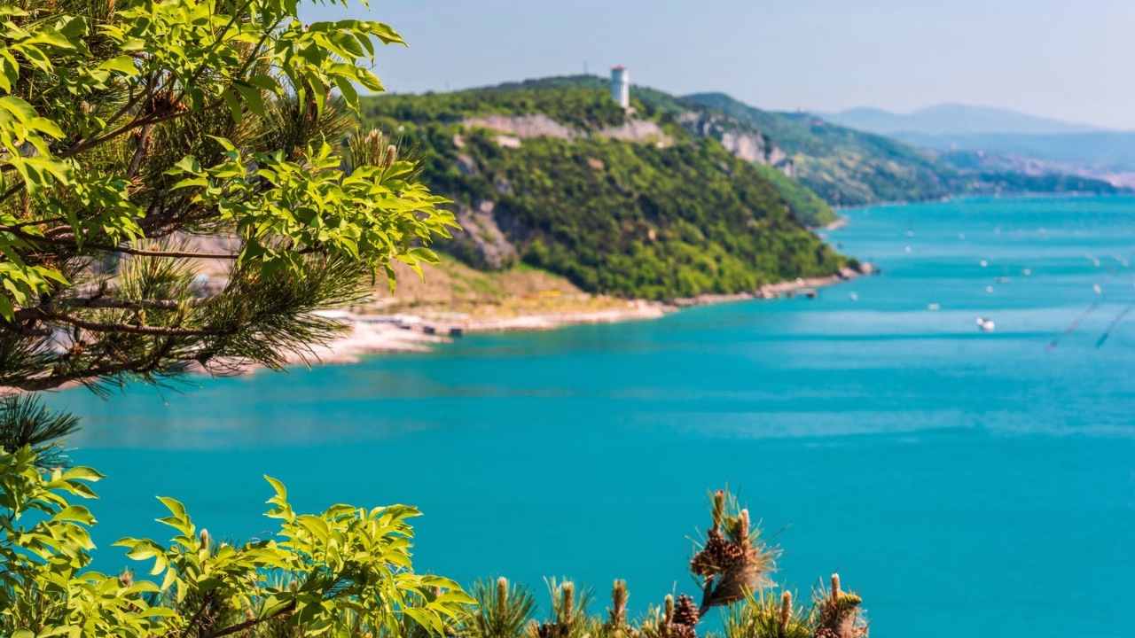 Veduta panoramica della Costa dei Barbari vicino a Trieste, con mare turchese, scogliera verdeggiante e un faro bianco visibile sulla sommit&agrave; del promontorio, incorniciata da foglie verdi in primo piano.
