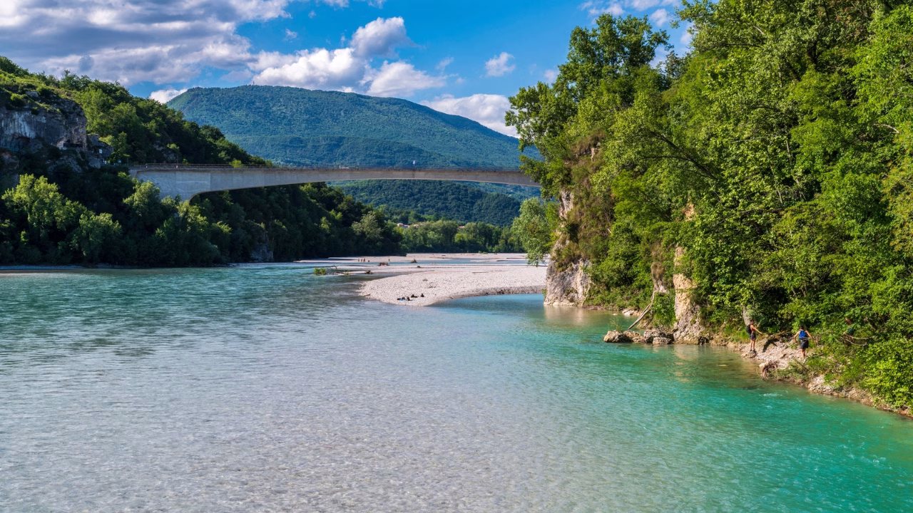 Il fiume Tagliamento in Friuli Venezia Giulia con acque turchesi, una spiaggia di ciottoli bianchi e una vegetazione lussureggiante, attraversato da un ponte in cemento con le montagne verdi sullo sfondo.