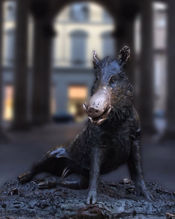 La Fontana del Porcellino a Firenze, una famosa statua in bronzo di un cinghiale, situata presso il Mercato Nuovo, con il muso lucido per via della tradizione di strofinarlo per buona fortuna.