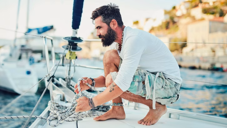 Uomo barbuto in piedi a piedi nudi su una barca a vela, mentre sistema delle corde con attenzione, in un porto soleggiato circondato da case costiere