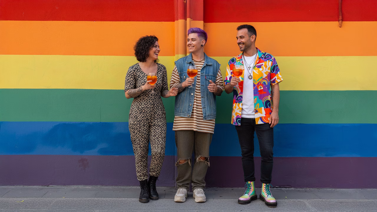 Persone LGBTQ+ che brindano davanti a un muro arcobaleno &ndash; quartieri e zone gay di Roma tra Gay Street e Pigneto