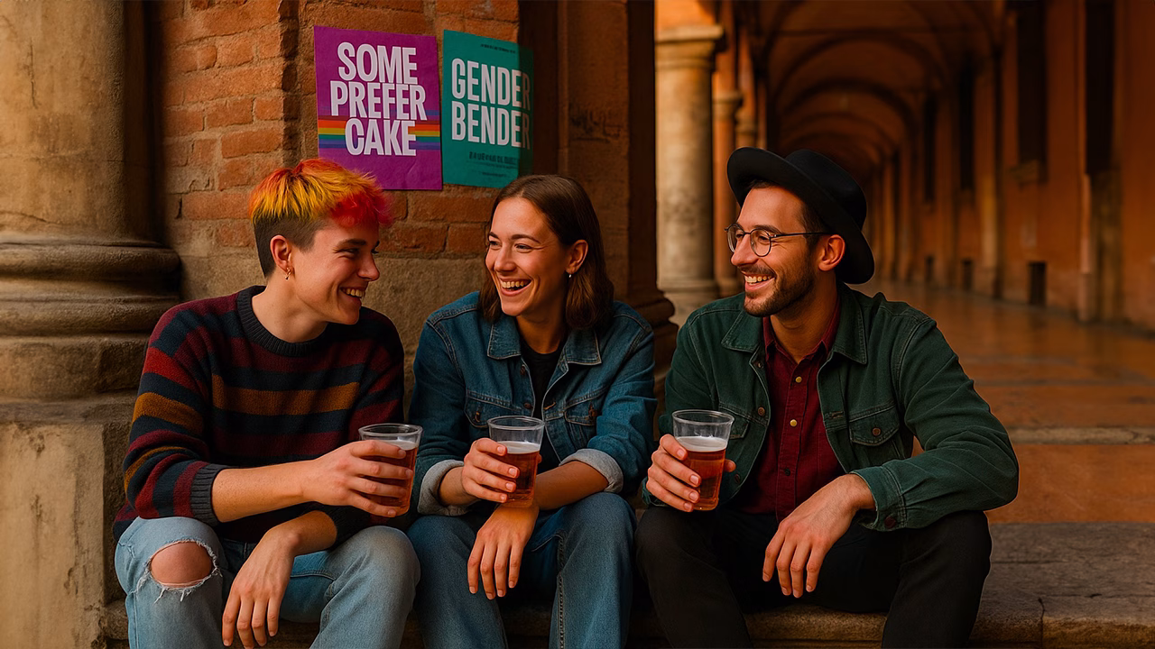 Tre giovani sorridenti seduti sotto i portici di Bologna bevono birra durante il festival LGBTQ+ Gender Bender e Some Prefer Cake, evento simbolo delle mete autunno gay friendly in Italia.