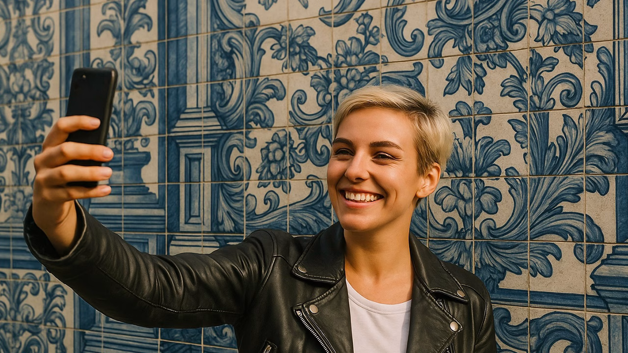 Ragazza lesbica sorride mentre scatta un selfie davanti a un tipico muro di azulejos blu a Porto, durante un viaggio gay autunnale in Portogallo.