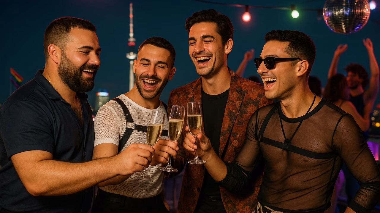 Un gruppo di amici che festeggia un addio al celibato gay su un rooftop a Berlino