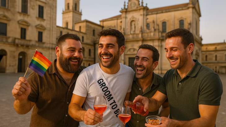 Quattro amici ridono e brindano con spritz durante un addio al celibato gay, con lo sposo che indossa una fascia &ldquo;Groom to be&rdquo; e un amico che sventola una bandiera arcobaleno, davanti alla storica Piazza del Duomo di Lecce.