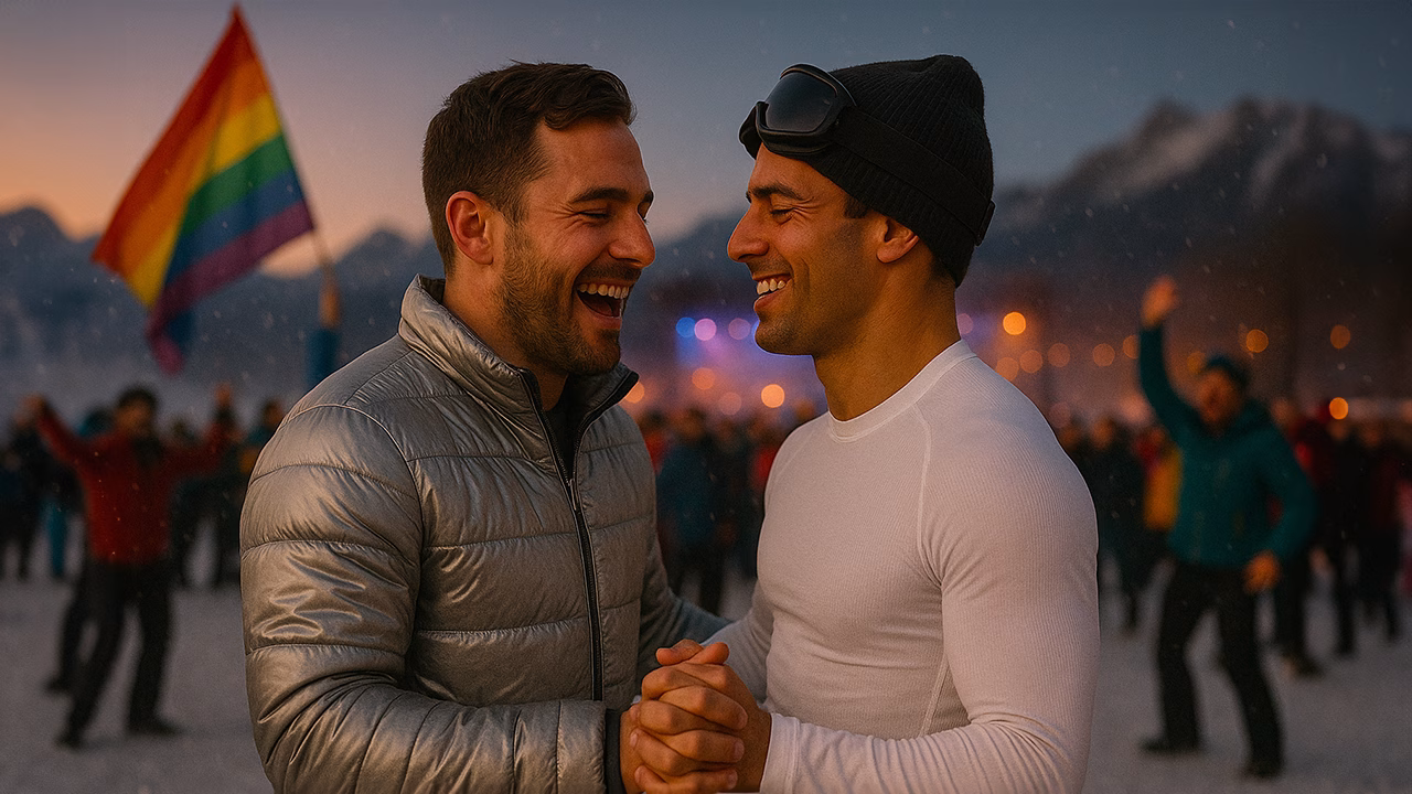 Coppia gay che ride felice durante l&rsquo;apr&egrave;s ski del weekend gay sugli sci al Winter Pride LGBTQ+, con bandiera arcobaleno sullo sfondo e montagne innevate illuminate dalle luci della festa.