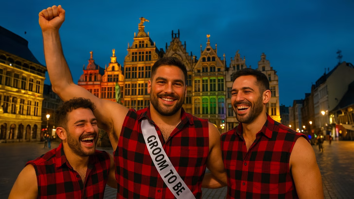 Tre amici in camicie a quadri rosse sorridono felici durante un addio al celibato gay, con lo sposo che indossa una fascia &ldquo;Groom to be&rdquo; e alza il braccio in segno di festa, davanti a edifici storici illuminati con i colori dell&rsquo;arcobaleno ad Anversa.