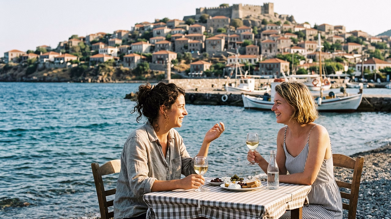 Coppia di donne che si guardano negli occhi con tenerezza durante una cena al tramonto su una terrazza vista mare, con bicchieri di vino bianco e mulini a vento sullo sfondo.