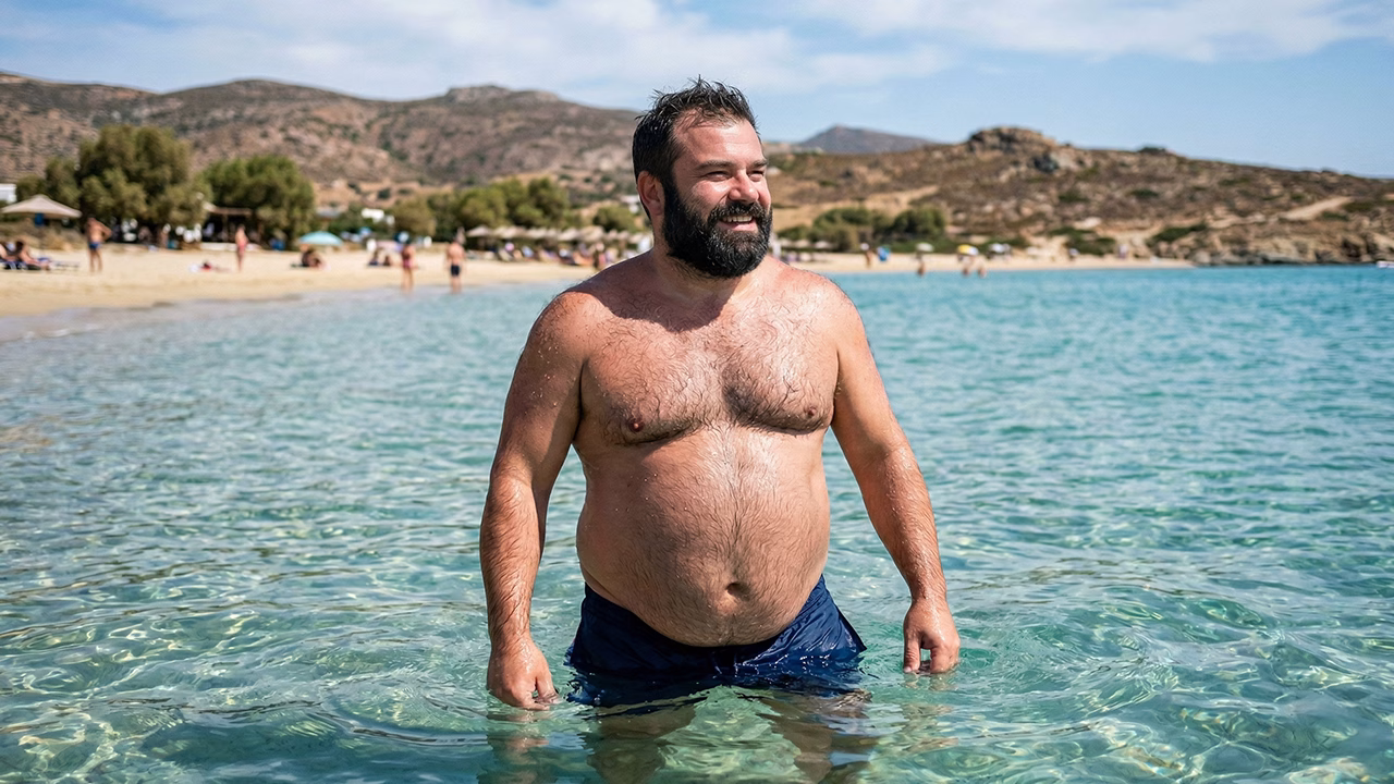Un ragazzo che fa il bagno nella spiaggia di Soros beach sull'isola gay friendly di Antiparos in Grecia