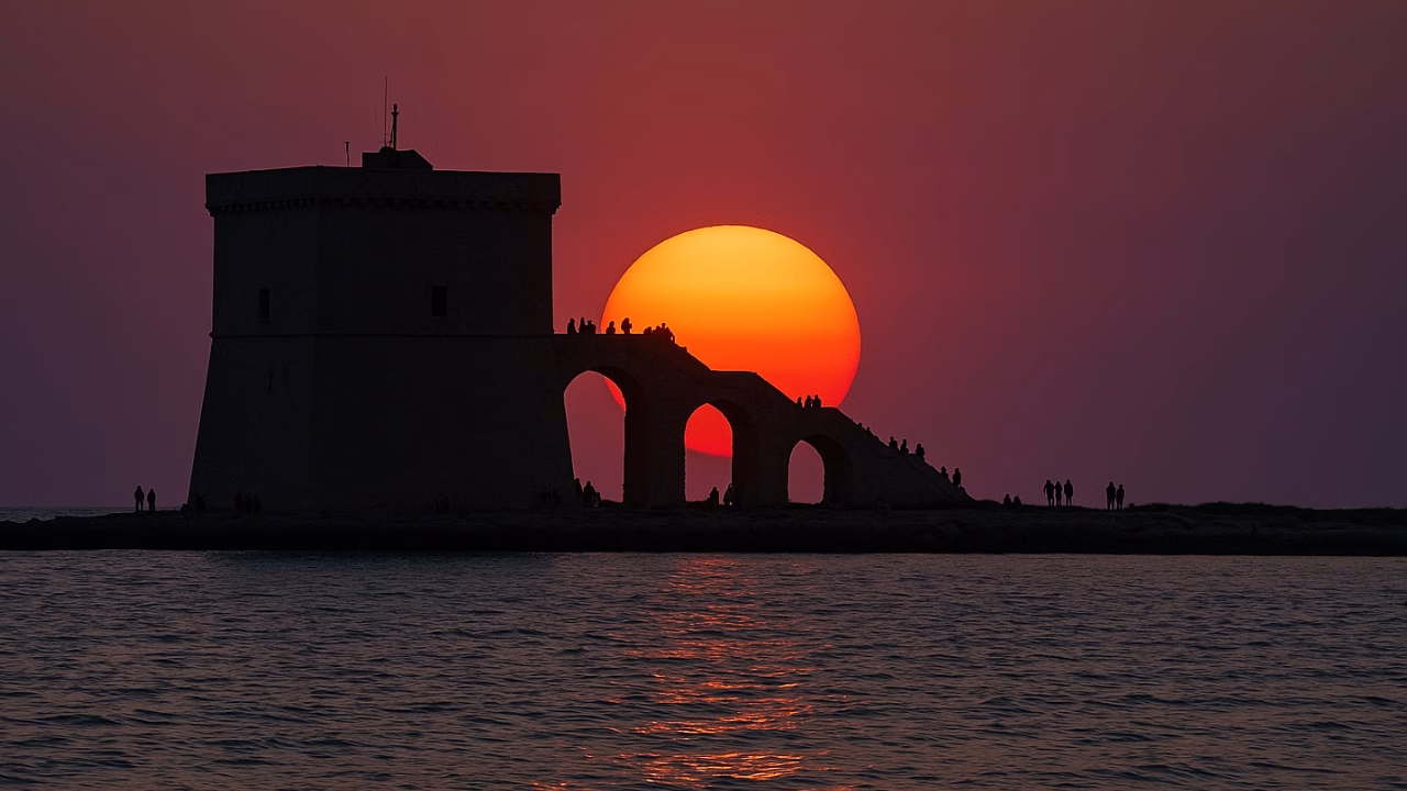 Il sole tramonta perfettamente dietro la scalinata di Torre Lapillo, creando una silhouette spettacolare contro un cielo sfumato di viola e arancio. Diversi visitatori sono seduti lungo la torre per godersi uno dei tramonti pi&ugrave; iconici del Salento.