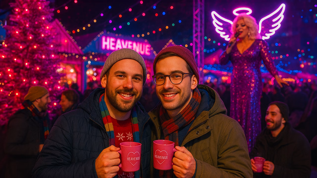Coppia gay sorride con tazze rosa &ldquo;Heavenue&rdquo; in mano al coloratissimo mercatino di Natale LGBTQ+ di Colonia, con una drag queen che si esibisce sullo sfondo sotto luci e decorazioni natalizie.
