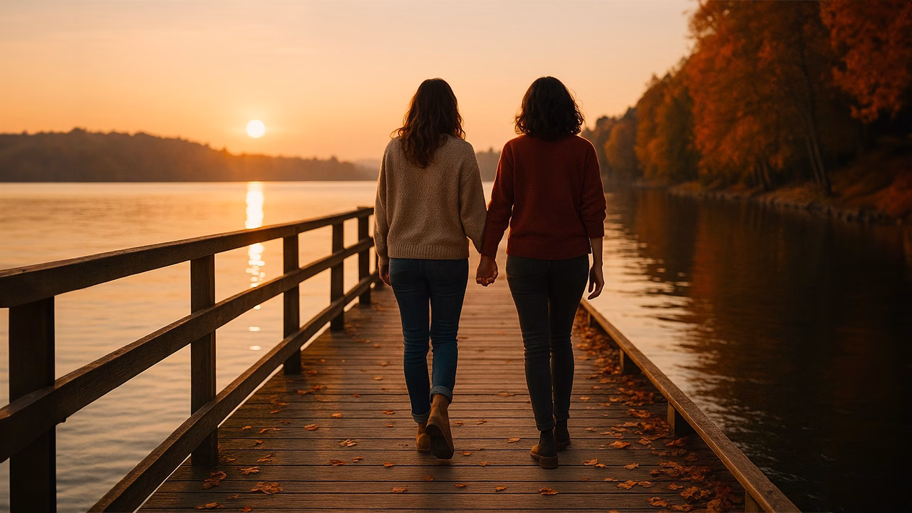 Coppia lesbica che cammina mano nella mano su un pontile in legno al tramonto sul Lago Trasimeno in Umbria, circondata dai colori caldi dell&rsquo;autunno.