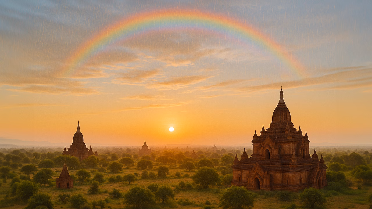 Arcobaleno sui templi di Bagan al tramonto, Myanmar: paesaggio iconico e patrimonio UNESCO, ma meta ad alto rischio per viaggiatori LGBTQ+ in Asia.