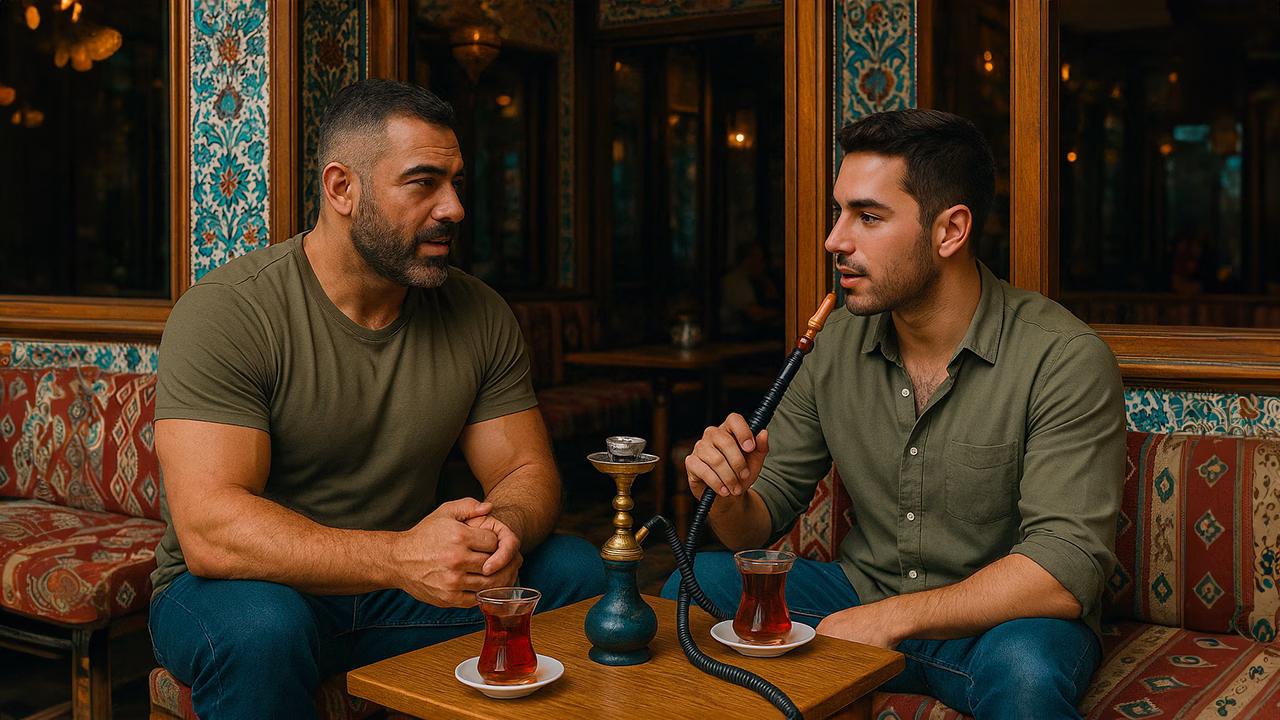 Due uomini gay seduti in una sala da t&egrave; a Istanbul mentre fumano il narghil&egrave; e sorseggiano t&egrave; turco, atmosfera accogliente e intima con decorazioni tradizionali sullo sfondo.