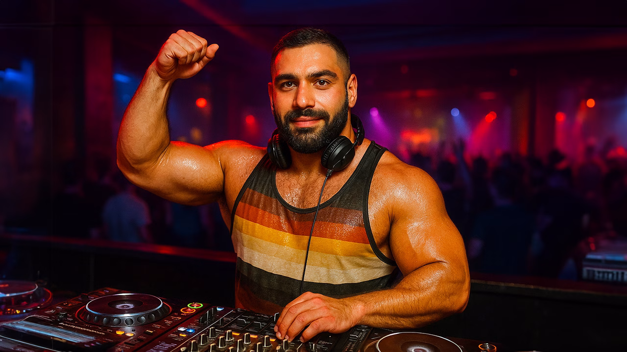 DJ muscoloso in canotta bear alla consolle di una discoteca gay di Istanbul, circondato da luci colorate e atmosfera vibrante della nightlife LGBTQ+.