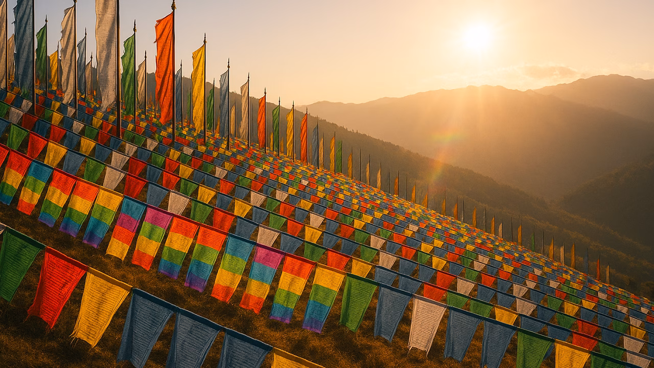 Bandiere di preghiera colorate al tramonto sulle montagne dell&rsquo;Himalaya in Bhutan, guida LGBTQ+ e viaggio gay nel regno himalayano