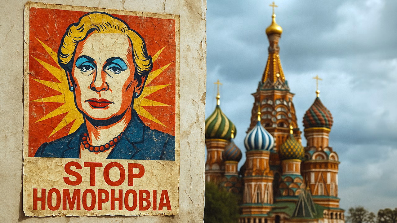 Poster contro l&rsquo;omofobia in Russia davanti alla Cattedrale di San Basilio a Mosca. Guida di viaggio LGBTQ+ in Russia e rischi per la comunit&agrave; gay