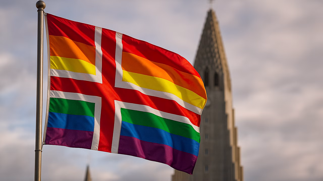Bandiera arcobaleno LGBTQ+ con croce nordica a Reykjavik davanti alla chiesa Hallgr&iacute;mskirkja in Islanda