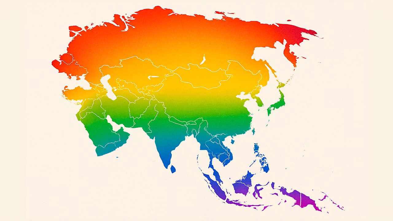 Mappa dell&rsquo;Asia con colori arcobaleno LGBTQ+, simbolo di inclusione e guida ai viaggi gay-friendly nel continente asiatico