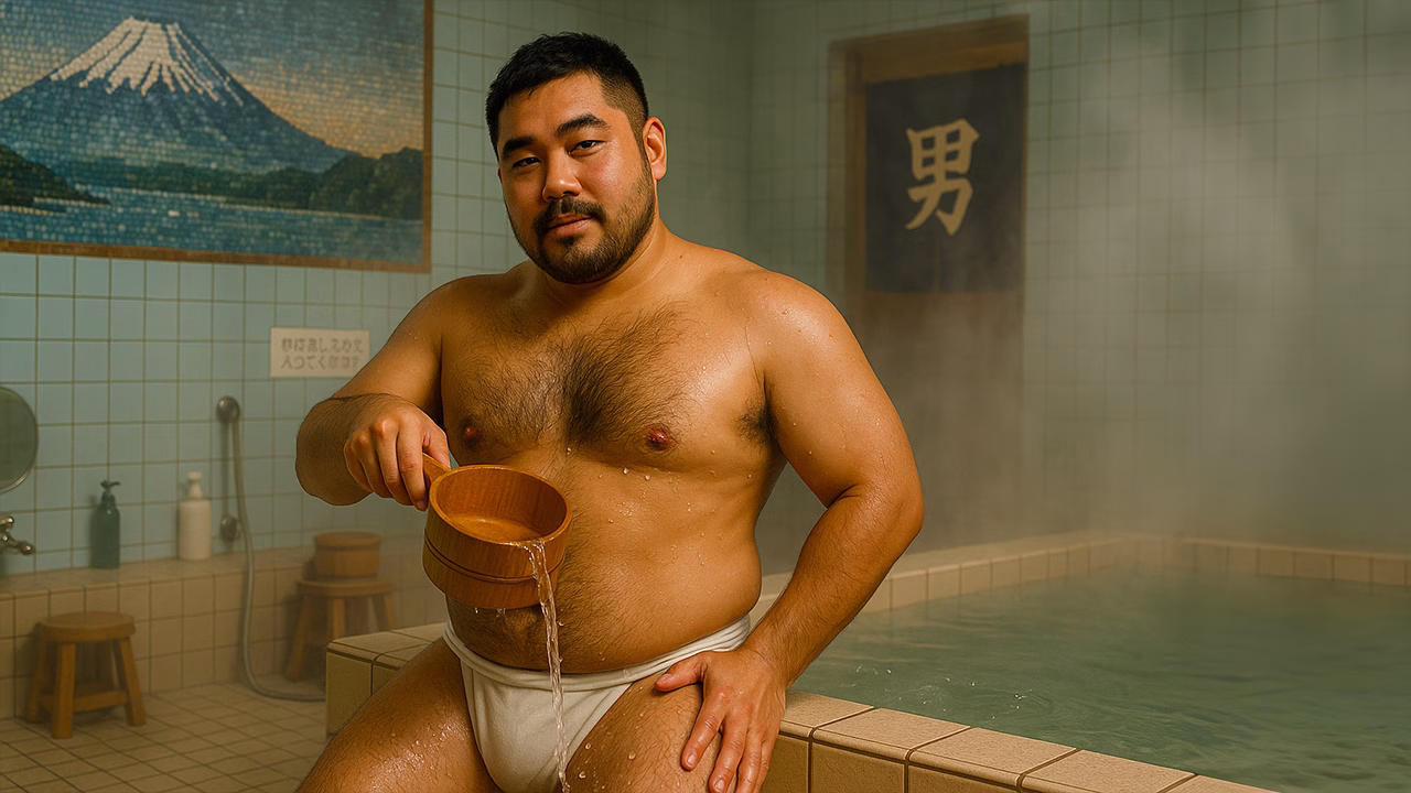 Uomo in un sento tradizionale giapponese con vista sul Monte Fuji, esempio di sauna gay in Giappone.