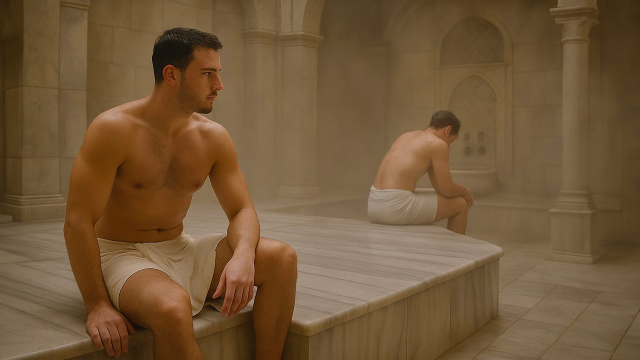Due uomini avvolti in asciugamani bianchi seduti all&rsquo;interno di un hammam tradizionale a Istanbul, immersi nel vapore caldo di una sauna, atmosfera rilassante e intima tipica dei bagni turchi frequentati anche dalla comunit&agrave; gay.