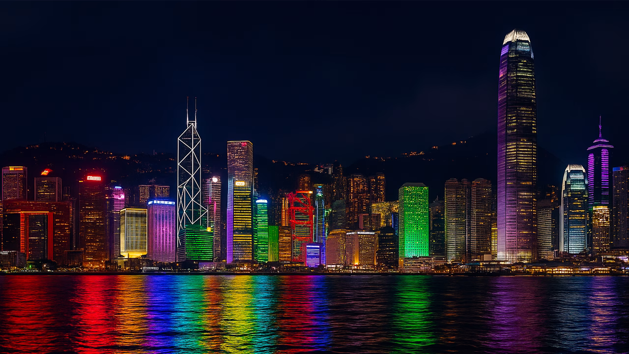 Skyline di Hong Kong illuminato con i colori dell&rsquo;arcobaleno LGBTQ+ riflessi sull&rsquo;acqua, simbolo di inclusione e meta gay-friendly in Asia