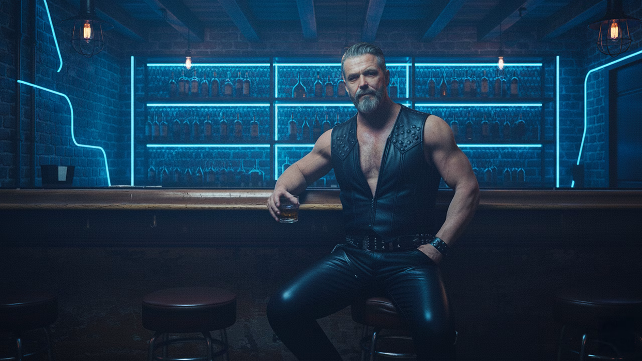 Uomo in abbigliamento fetish in un club gay di Milano, uno dei locali per soli uomini dedicati al cruising e alla nightlife LGBTQ+.