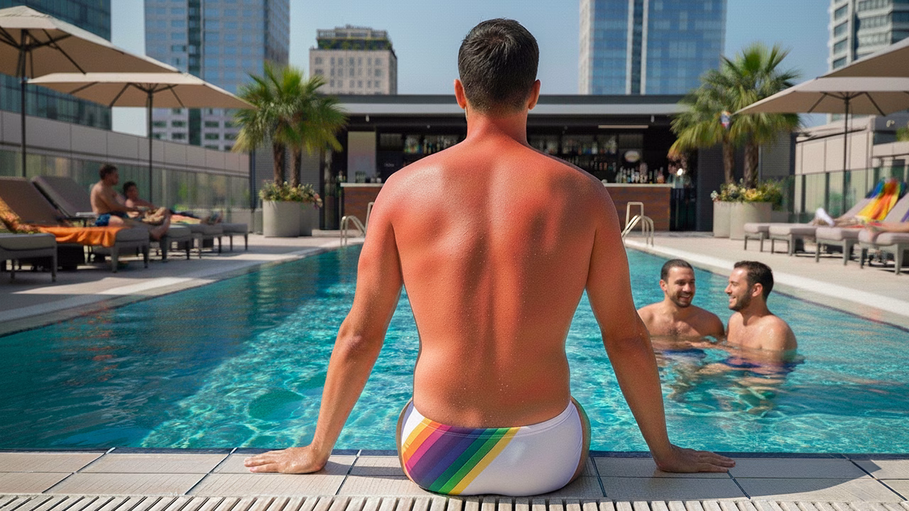 Uomo in costume arcobaleno a bordo piscina in un hotel di Milano, simbolo delle piscine gay friendly e degli spazi LGBTQ+ inclusivi della città.