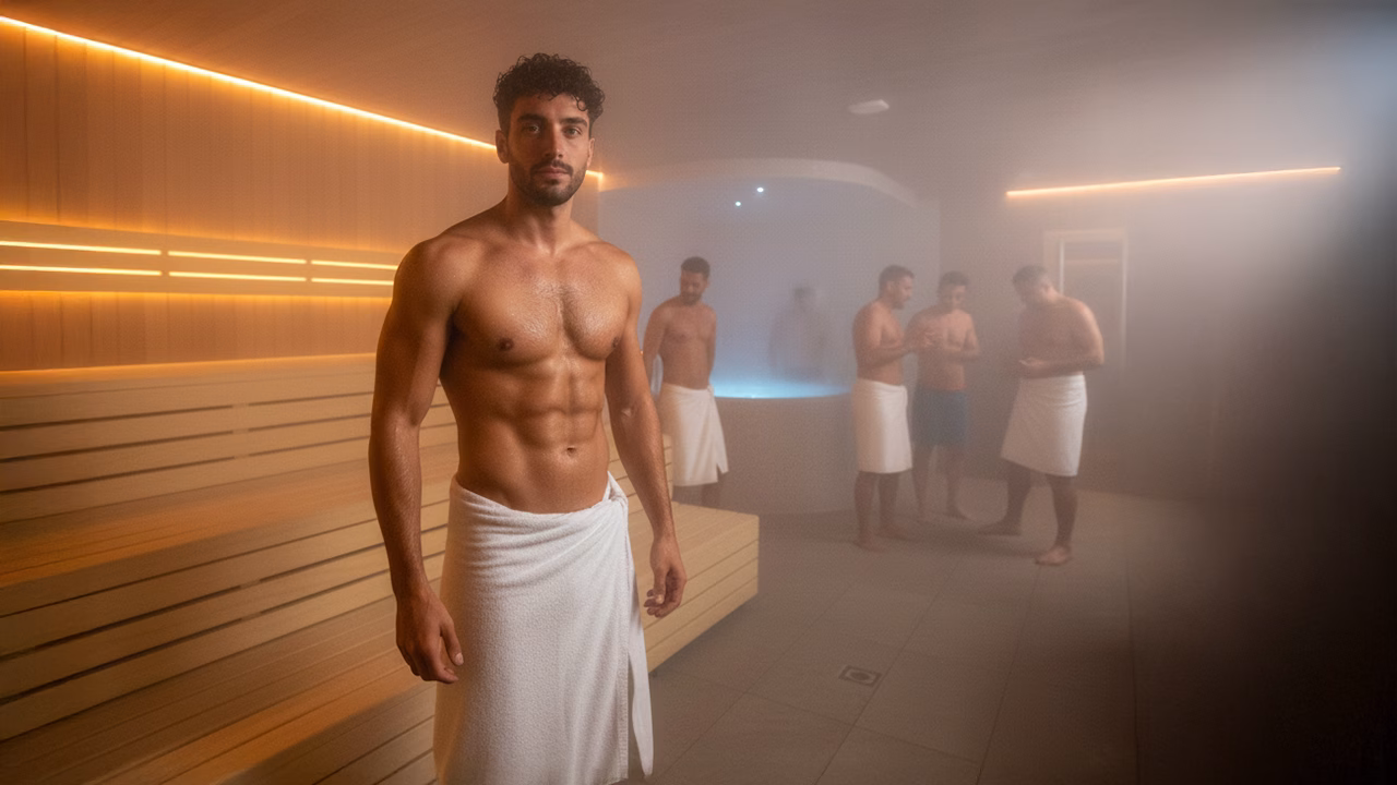 Uomini in sauna gay a Milano con atmosfera rilassata e conviviale, uno dei luoghi più frequentati della nightlife LGBTQ+ della città.