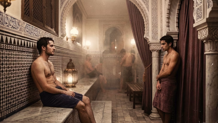 Due uomini in sauna gay avvolti nel vapore, simbolo della storia e della cultura LGBTQ+ legata ai bathhouse in Italia e nel mondo