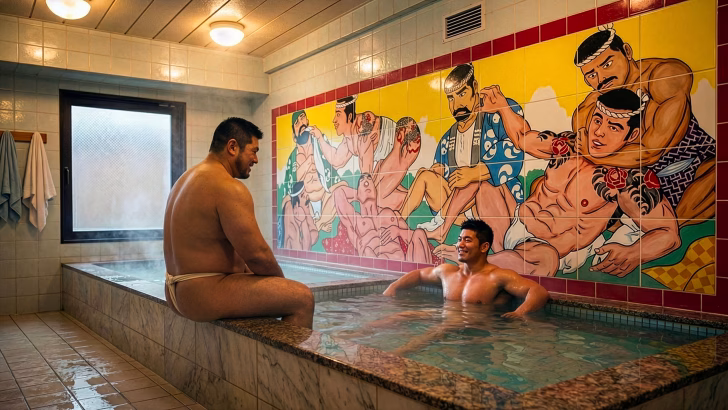 Sauna gay a Tokyo con vasca calda in stile giapponese e murale artistico tradizionale, ambiente tipico delle saune gay giapponesi frequentate da uomini