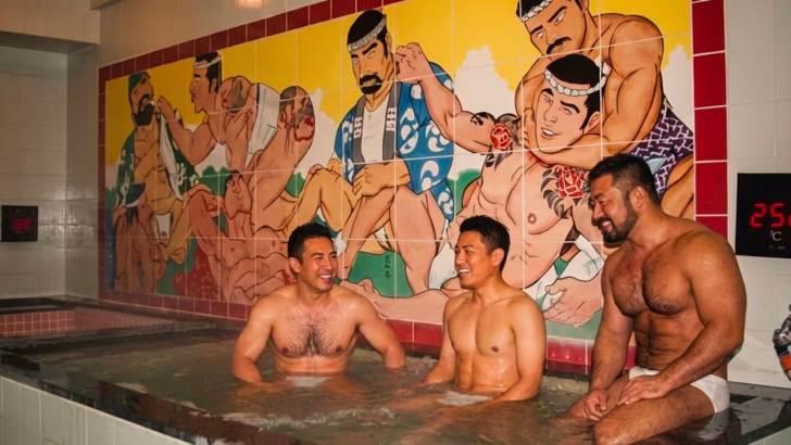 Interno di 24 Kaikan Ueno a Tokyo con uomini bear e muscolosi nella vasca calda in stile sentō, tipica atmosfera delle saune gay di Ueno