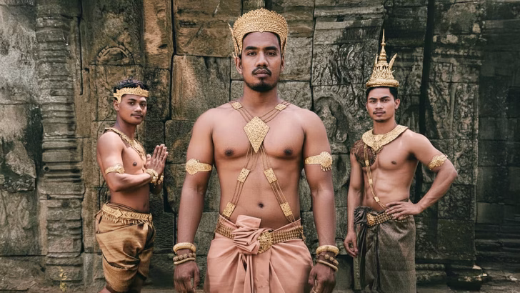 Tre uomini cambogiani in abiti tradizionali posano davanti ai templi di Angkor Wat, rappresentando la cultura khmer e l&rsquo;estetica del patrimonio storico della Cambogia