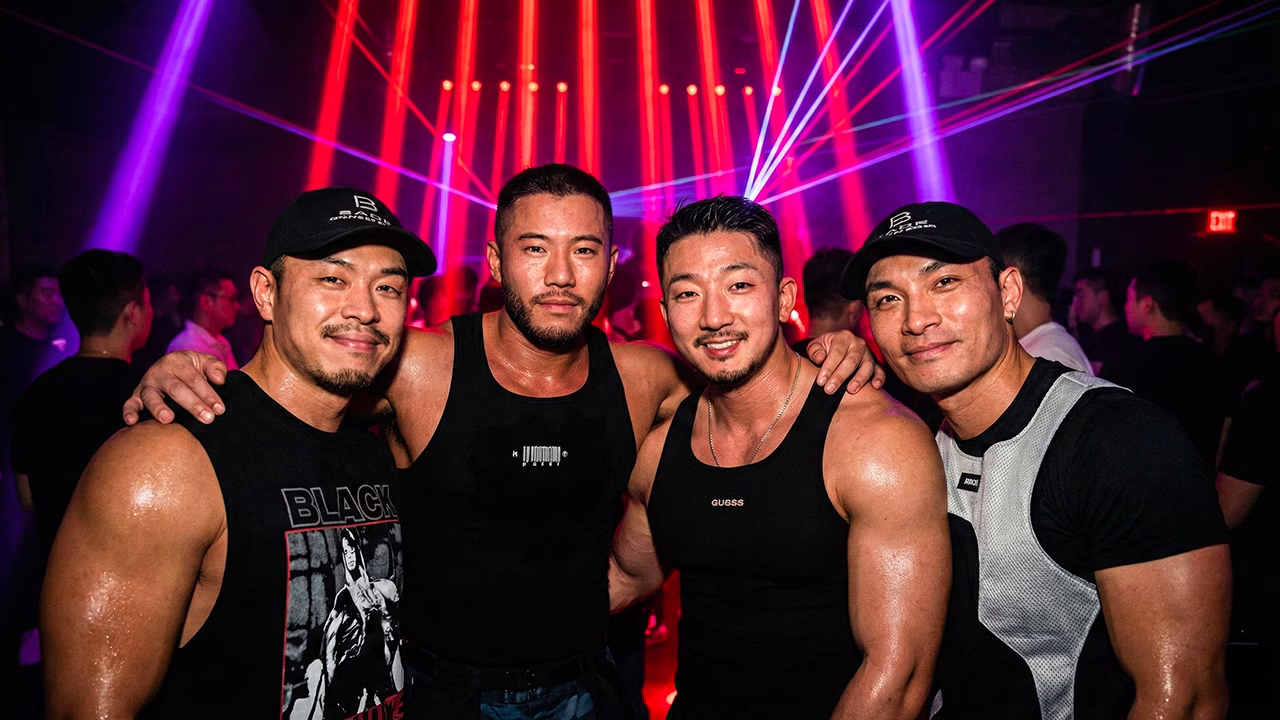 Serata in un gay club di Busan con pubblico bear e muscle bear, musica elettronica e atmosfera intensa nella nightlife LGBTQ+ della citt&agrave;