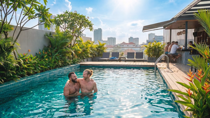 Coppia gay rilassata nella piscina di un hotel gay-friendly a Phnom Penh, con rooftop tropicale e vista sulla citt&agrave;