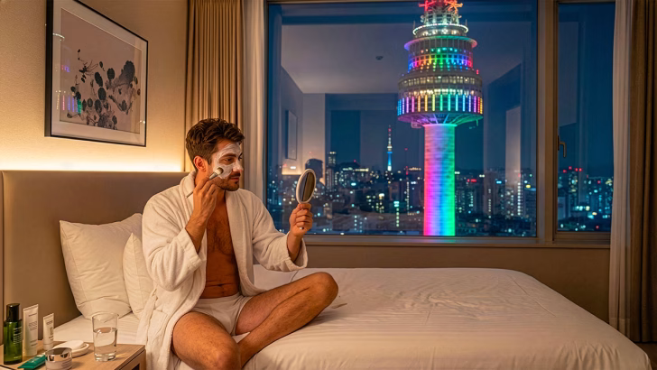 Viaggiatore in hotel gay friendly a Seoul con vista notturna sulla N Seoul Tower illuminata con i colori arcobaleno