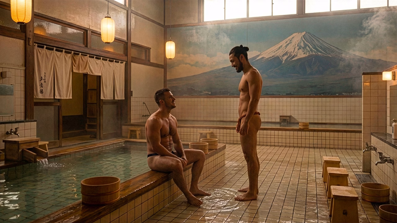 Interno di una sauna gay in stile sentō giapponese con vasca calda e murale del Monte Fuji, atmosfera tipica delle saune gay in Giappone