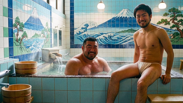 Uomini rilassati in una sauna tradizionale giapponese con vasca calda, ambiente tipico sentō, esperienza comune nelle saune gay di Osaka in Giappone