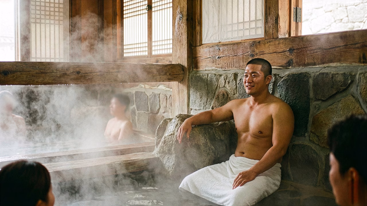 Sauna maschile a Busan, in Corea del Sud, con area vapore e atmosfera tradizionale, tipica delle saune frequentate anche dalla comunit&agrave; gay