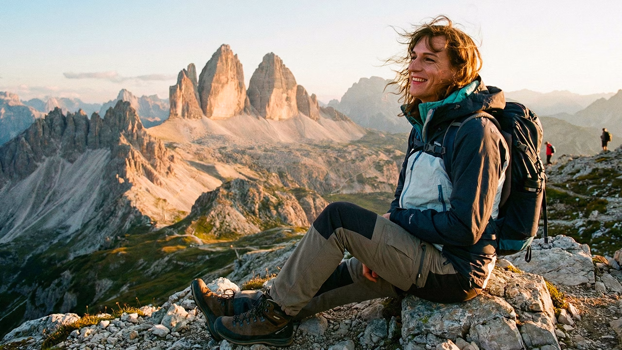 Viaggiatrice LGBTQ+ in trekking sulle Dolomiti al tramonto, meta ideale per un weekend gay-friendly in montagna tra natura e relax