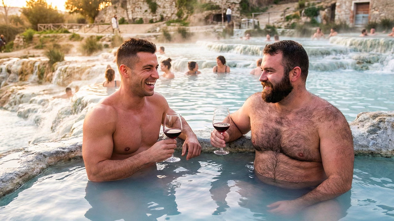 Due uomini brindano immersi nelle acque calde delle Terme del Mulino di Saturnia, una delle terme gay-friendly pi&ugrave; amate in Italia